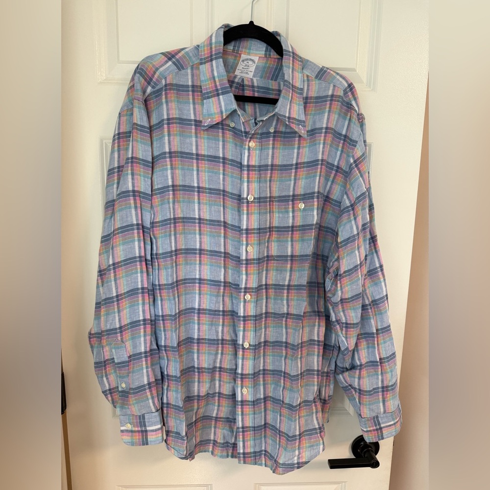 Brooks Brothers Shirt Mens XL Linen Pastel‎ Plaid Button Polo Long Sleeve Office